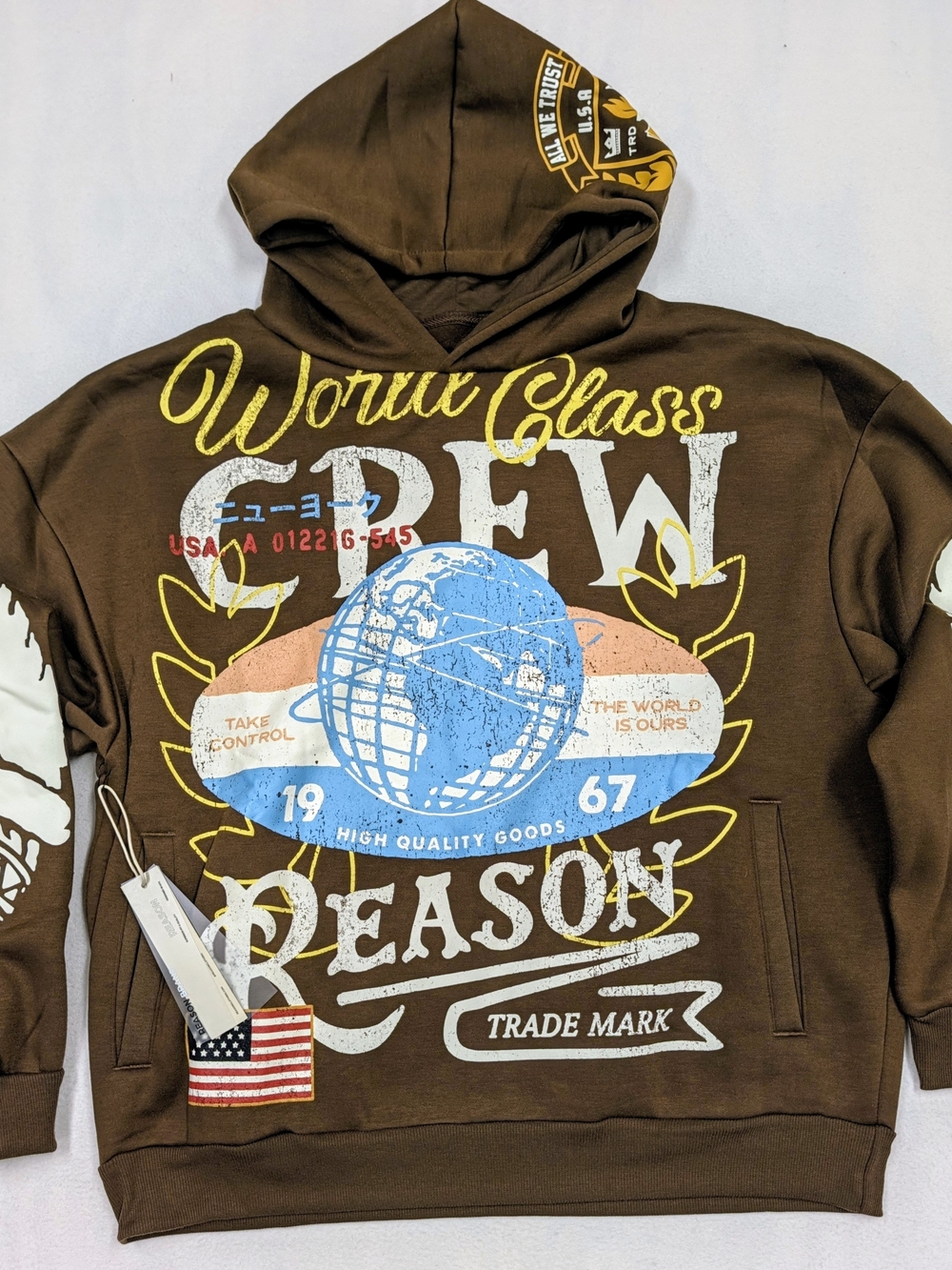 REASON Brown Graphic Print Pullover Hoodie Men's Size L Pockets Athletics